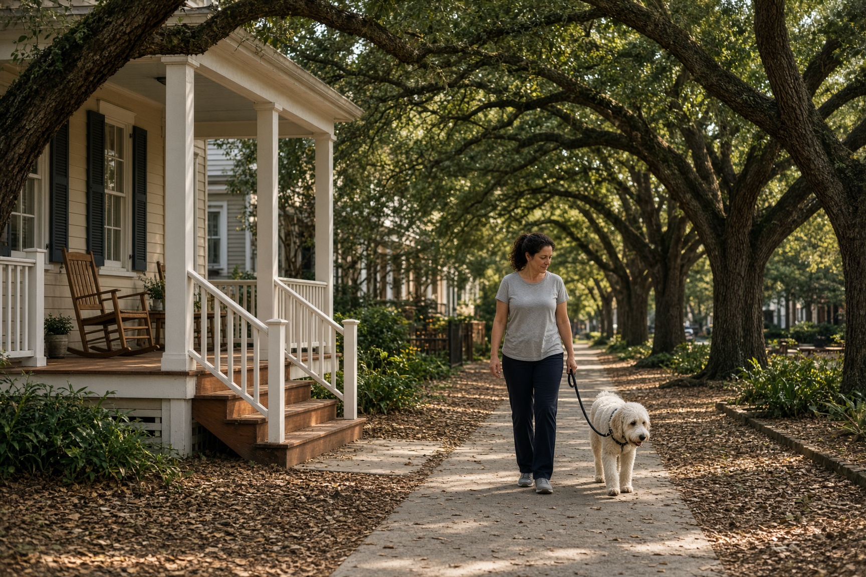 A caregiver walking a white dog under live oaks beside a Lowcountry porch.