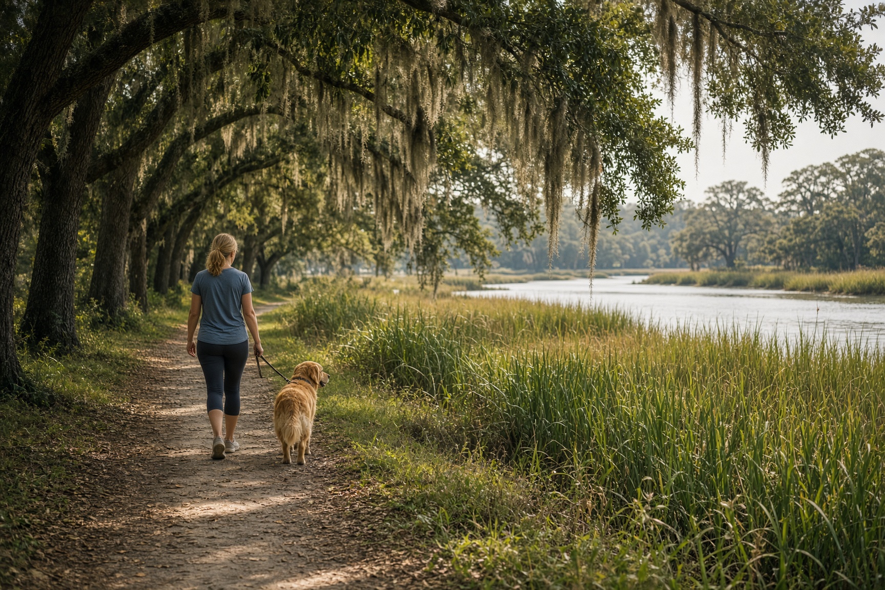 A caregiver walking a golden retriever on a shaded path beside marsh grass and live oaks.