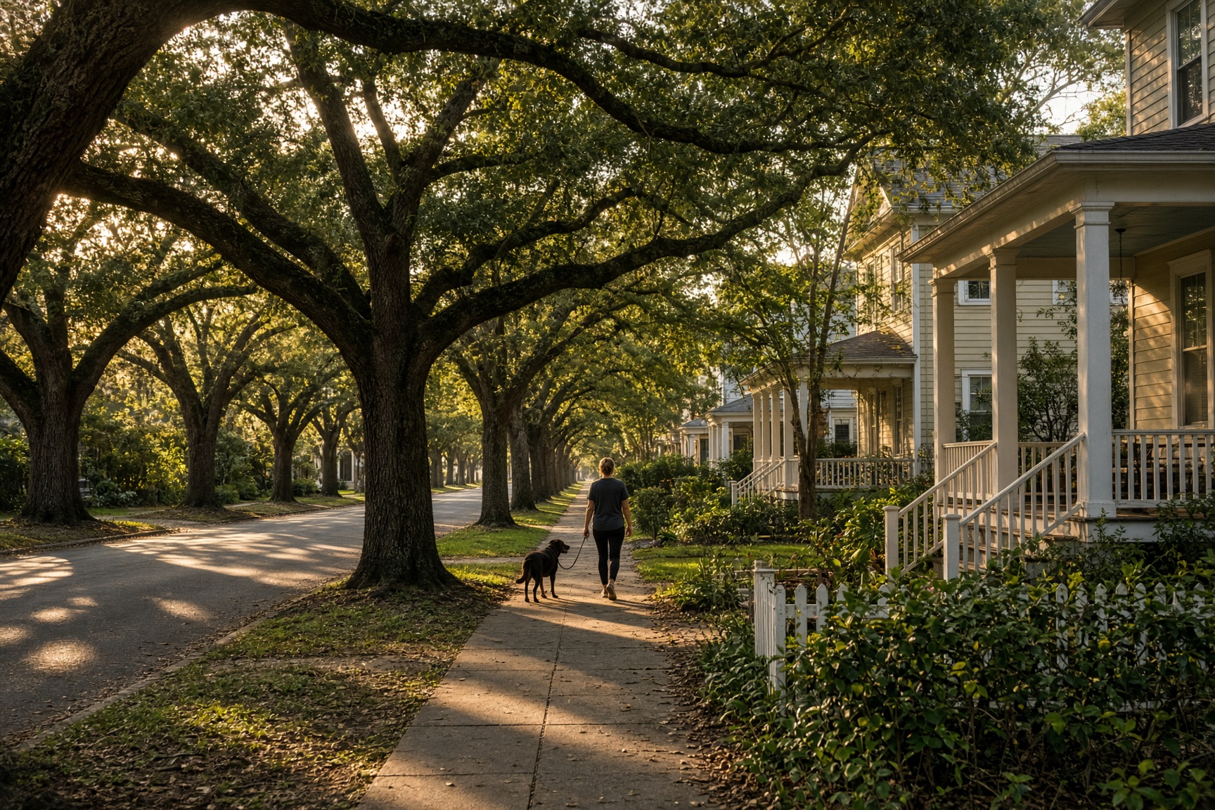 A tree-lined Lowcountry street at golden hour, live oaks overhead and a dog on the sidewalk.