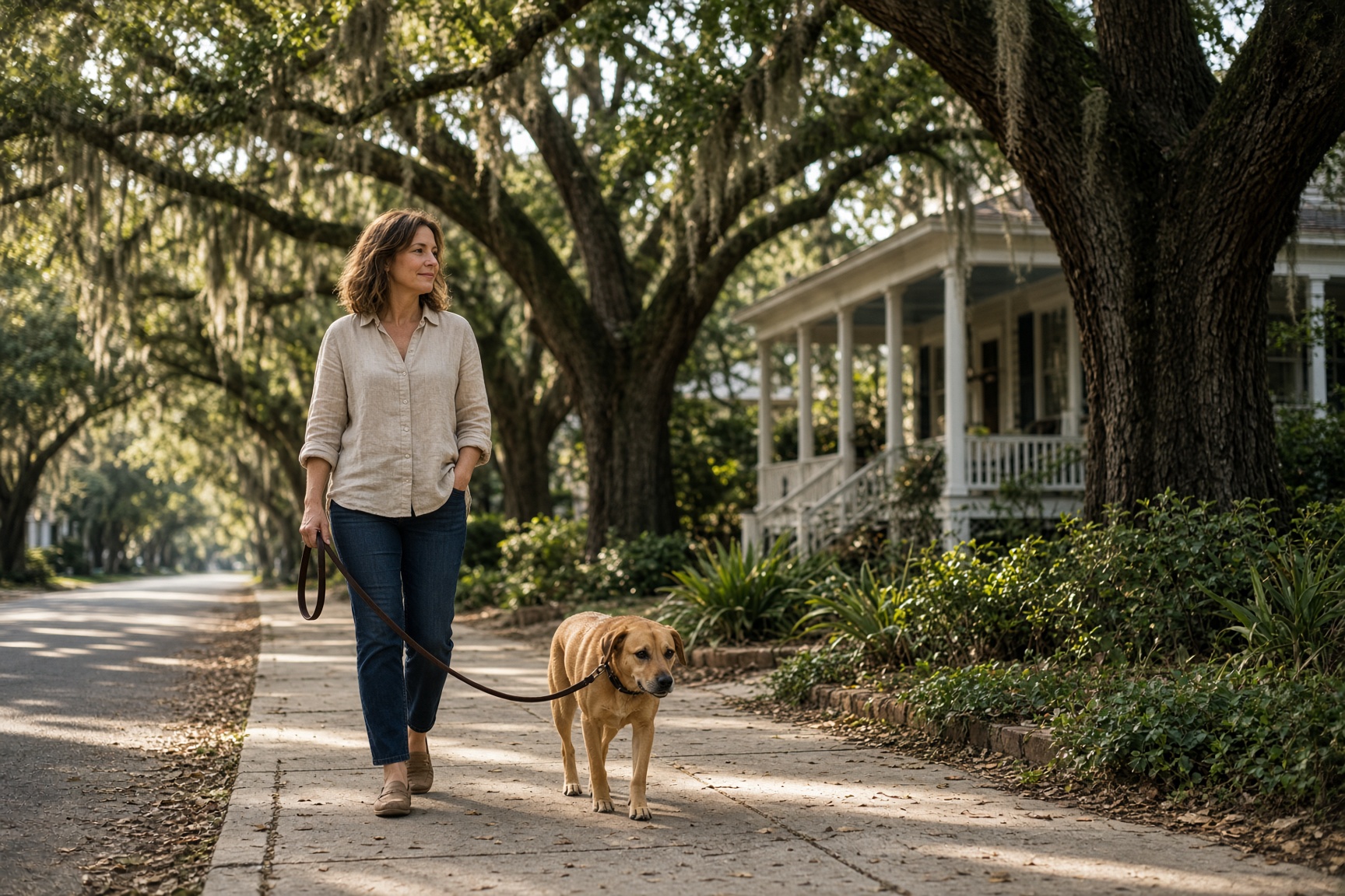 A caregiver walking a dog under live oaks on a Mount Pleasant sidewalk.